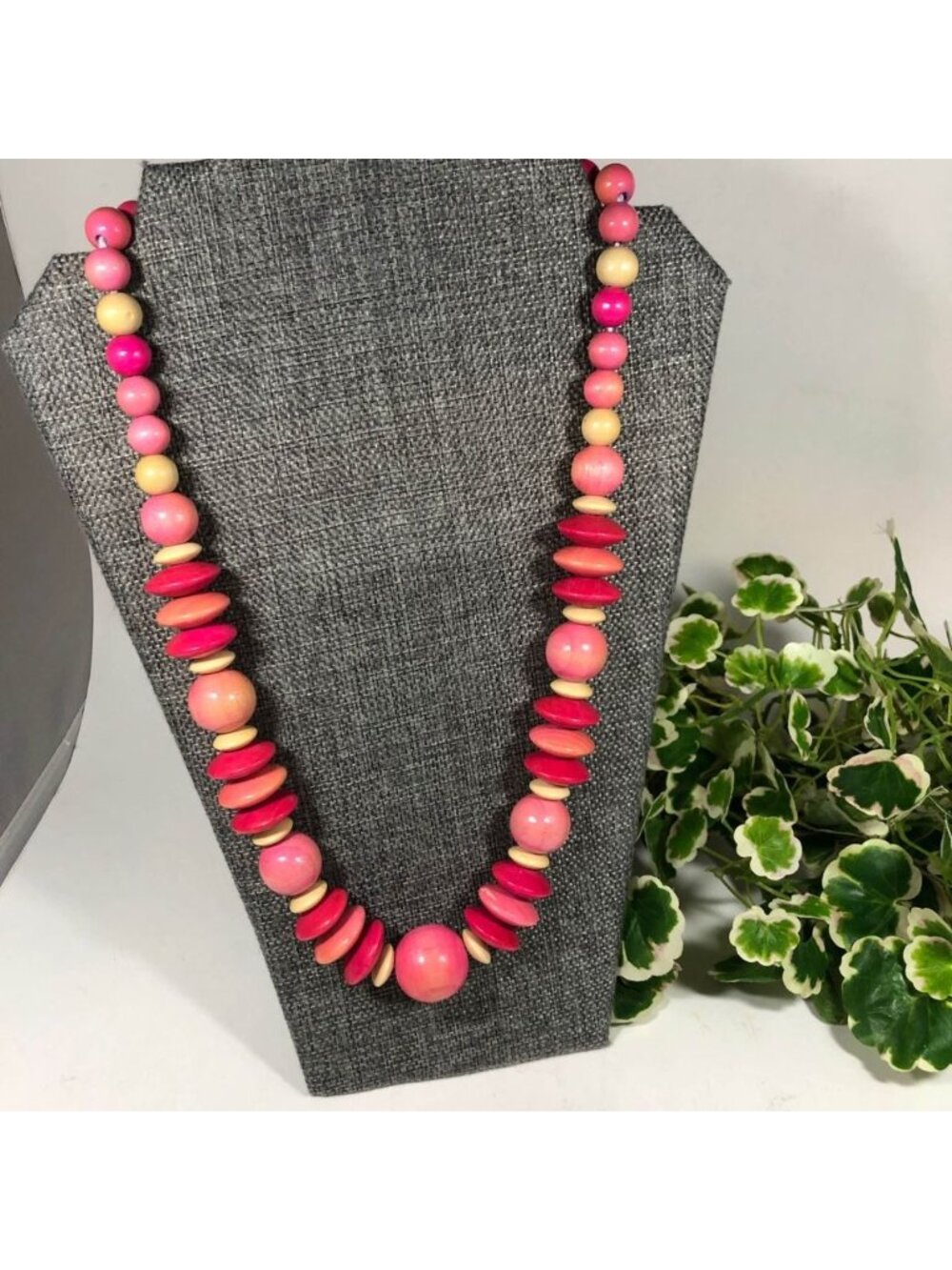 Shades of Pink Tan Wood Beaded 26 Inch Chunky Statement Colorful Necklace